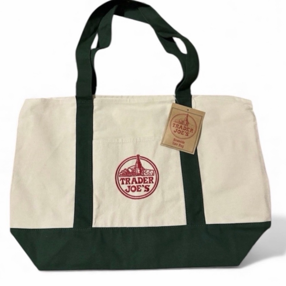 Trader Joe's Holiday Green and Cream Tote Bag NWT full size not mini